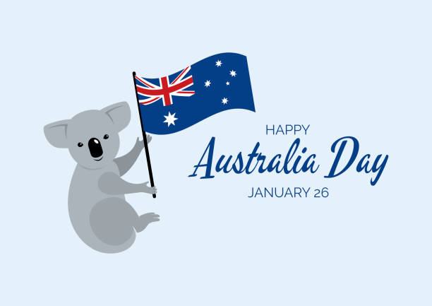 illustrazioni stock, clip art, cartoni animati e icone di tendenza di poster dell'australia day con carino koala e vettore di bandiera australiano - koala australian culture cartoon animal