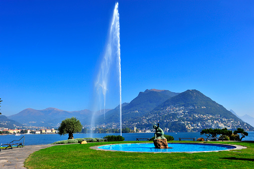 Geneva, Switzerland, October 01, 2011: Close-up of fountain - Jet D'eau at sunny day, Lake Geneva, Geneva, Switzerland.
