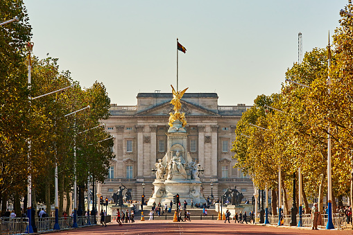 London, England – July 2018 – Architectural detail of Buckingham Palace, London royal residence and administrative headquarters of the monarch of the United Kingdom