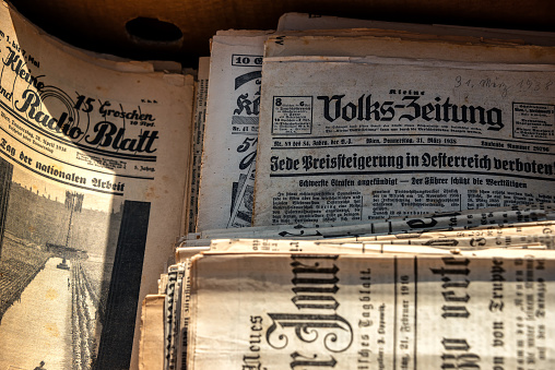 Vienna, Austria 30.03.2019: Old Historic Newspaper seen at Flea market in Vienna, Austria