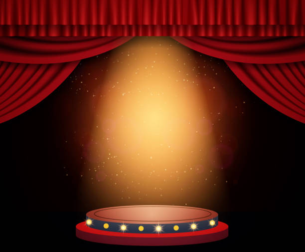 istock Background with red curtain, podium and spotlights. Design for presentation, concert, show 1294160262