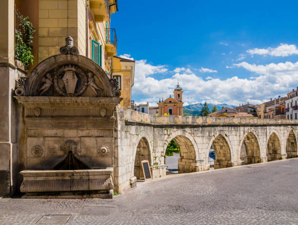 Stunning view of Sulmona historical center and its roman aqueduct, Abruzzo region, central Italy This charming town, nestled in the mountains of Majella National Park is famous for the production of comfits abruzzi photos stock pictures, royalty-free photos & images