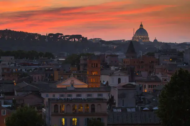 City skyline with Saint Peter Basilica in the background in a summer evening, Rome, Italy