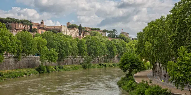 Panoramic view of the Tiber river and of the  Aventine Hill from Palatine Bridge, Rome, Italy