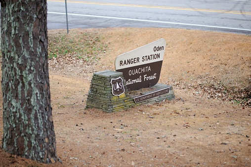 Oden, Arkansas - December 2, 2020: Sign for Oden Ranger Station in Ouachita National Forest.  Sign located west of Oden, Arkansas on Highway 88.