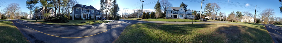 Panorama of a residential neighborhood in an opulent community. Winter, 2021. Clear blue skies with bright sunshine. Well manicured lawns. Great for real estate and film scouting. Plenty of copy space.