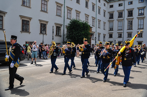 Vienna Austria 18.06.2016  : K.u.K. Deutschmeister Military brass band with instruments Performing in Hofburg Vienna