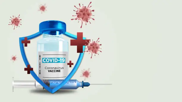 Photo of 4K Covid-19 vaccine vial and injection with protect symbol