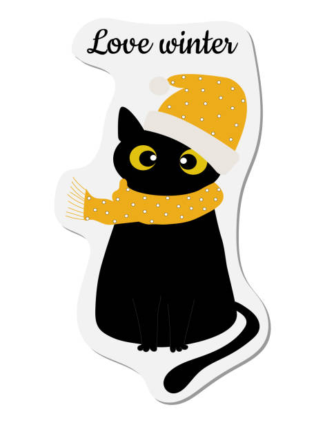 naklejki. czarny zabawny kot w żółtym szaliku i kapeluszu na nowy rok, boże narodzenie. na pocztówki, posty, nadruki mody, tekstylia, ubrania, kubki, zeszyty. styl kreskówki. ilustracja wektorowa. - silhouette animal black domestic cat stock illustrations