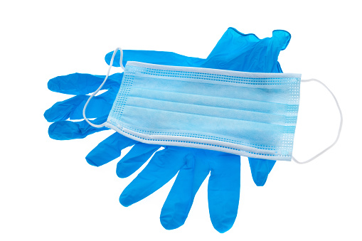 Blue medical gloves and face mask - white background