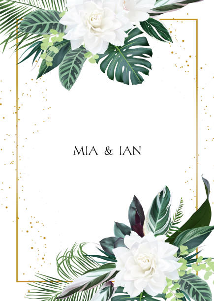 White gardenia, hibiscus, green monstera, palm tropical leaves template vertical card White gardenia, hibiscus, green monstera, palm tropical leaves template vertical card. Emerald exotic greenery, gold glitter pattern frame. Island wedding invitation.Elements are isolated and editable zebra plant stock illustrations