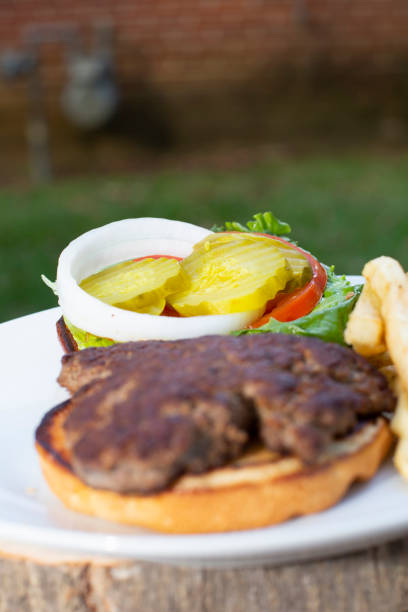 istock Open Bun Hamburger with Fries against a Red Brick Background 1294182197