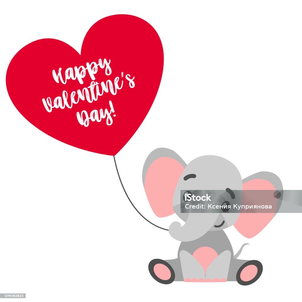 St Valentines Day Baby Elephant Sitting With Red Heart Balloon Gray And  Pink Cartoon Style Funny And Cute African Animal Love And Romance Template  For Post Cards Posters Stickers Stock Illustration -