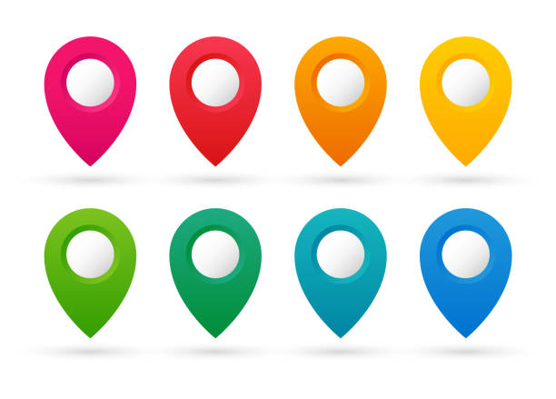 ilustrações de stock, clip art, desenhos animados e ícones de set of colorful pointers. collection of map markers. map pins. navigation and location icons. vector illustration. - blue button