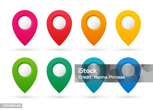 istock Set of colorful pointers. Collection of map markers. Map pins. Navigation and location icons. Vector illustration. 1294186486