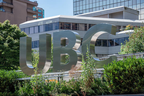 View of sign UBC Robson Square in Downtown Vancouver. Sunny day. stock photo