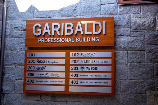 Whistler, Canada - July 5,2020: View of sign Garibaldi Professional Building in Whistler Village