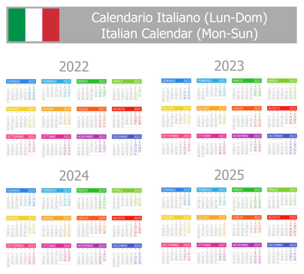2022-2025 Italian Type-1 Calendar Mon-Sun 2022-2025 Italian Type-1 Calendar Mon-Sun on white background italian language stock illustrations