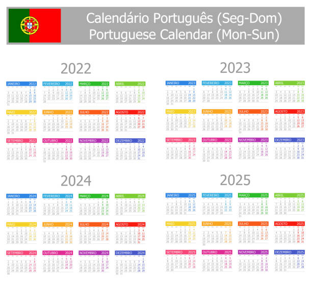 2022-2025 portugalski typ-1 kalendarz pon-niedz - portuguese language stock illustrations