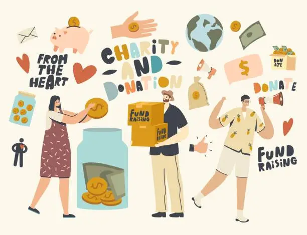 Vector illustration of Fundraising, Volunteering, Charity Support, Volunteer Characters Collecting Money in Donation Jar. Help Donate Campaign