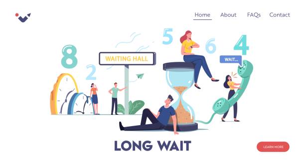 Long Wait Landing Page Template. Tired and Bored Characters Too Long Waiting in Office Hall, Airport or Hospital Lobby Long Wait Landing Page Template. Tired and Bored Characters Too Long Waiting in Office Hall, Airport or Hospital Lobby. Men and Women Call Telephone, Hourglass. Cartoon People Vector Illustration impatient stock illustrations