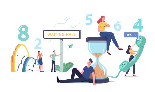 Long Wait Concept. Tired and Bored Male and Female Characters Too Long Waiting in Office Hall, Airport or Hospital Lobby Long Wait Concept. Tired and Bored Male and Female Characters Too Long Waiting in Office Hall, Airport or Hospital Lobby. Men and Women Call Telephone, Hourglass. Cartoon People Vector Illustration impatient stock illustrations