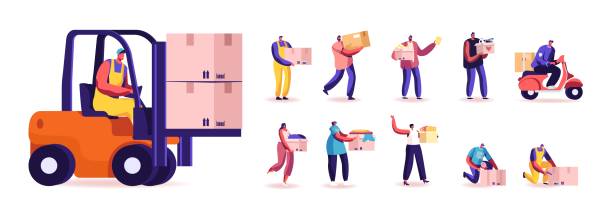 kumpulan karakter pria dan wanita dengan kotak. pria dan wanita bekerja di logistik kargo dan gudang. donasi, parcel - car lifting machine ilustrasi stok