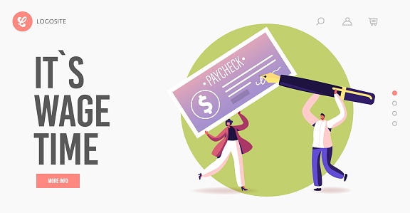 Characters with Pay Check Landing Page Template. Girl Carry Huge Paycheck, Man with Ink Pen for Signing. Money, People Get Salary Payment with Company Bank Cheque, Payroll. Cartoon Vector Illustration