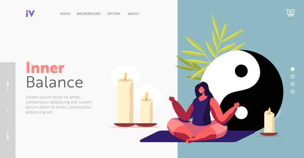 Female Character Meditate with Feng Shui Symbols Landing Page Template. Woman Meditating in Lotus Pose, Yoga, Female Character Meditate with Feng Shui Symbols Landing Page Template. Woman Meditating in Lotus Pose, Yoga, Healthy Lifestyle, Relaxation Emotional Balance, Harmony. Cartoon Vector Illustration dieng plateau stock illustrations