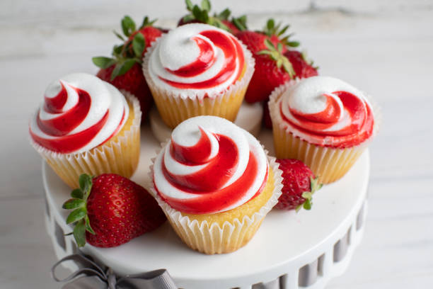 Strawberry Swirl Cupcakes with Fruit on Cake Stand