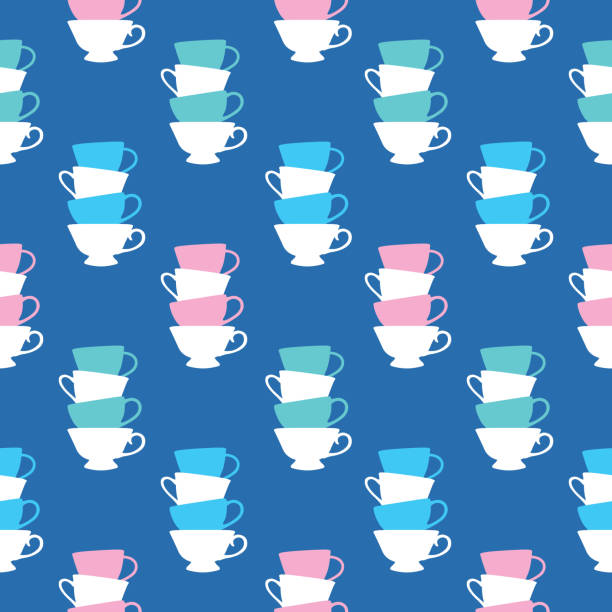 Stacked Teacups Seamless Pattern Pattern Vector seamless pattern of stacked teacups on a square blue background. blue cup stock illustrations