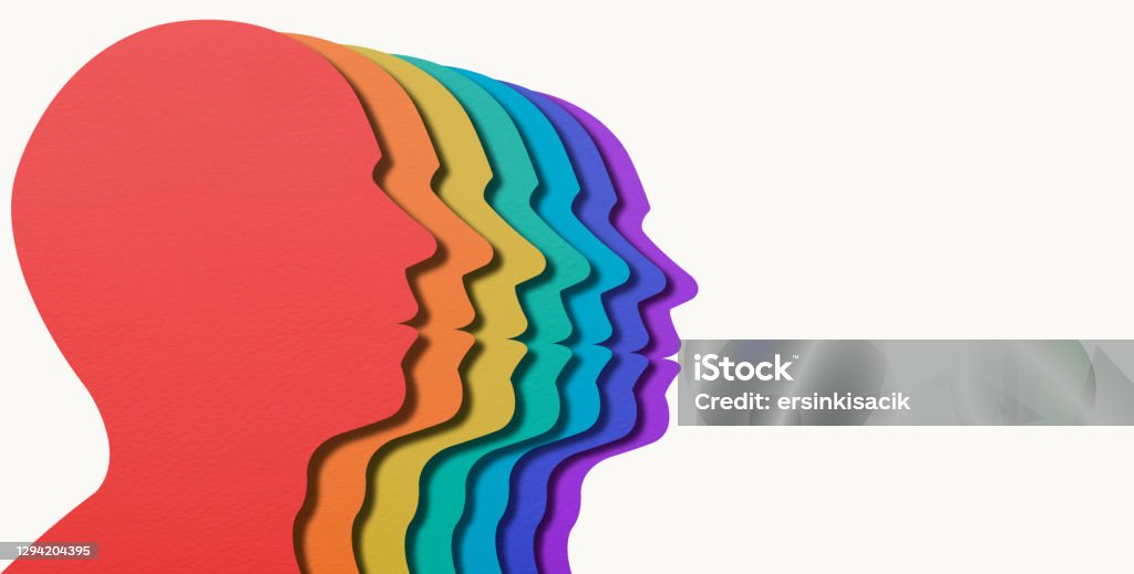 Paper Cut Layered Rainbow Colored Head Shapes Paper Cut Layered Rainbow Colored Head Shapes.
Team rainbow people in profile. Layered paper cut. Unity and recognition of orientation.
For create letter or symbol, business, banner, advertising concept, banner size with copy space LGBTQIA People Stock Photo
