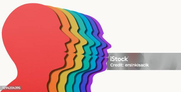Paper Cut Layered Rainbow Colored Head Shapes Stock Photo - Download Image Now - LGBTQIA People, Layered, Concepts