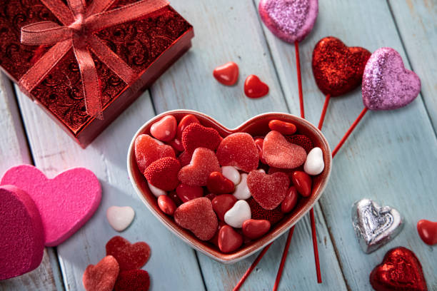 Valentines Day Party on Retro Blue Wood Background
