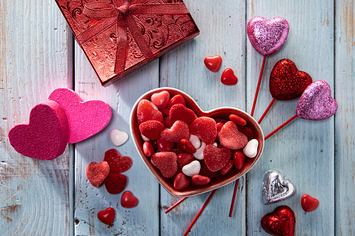 Valentines Day Party on Retro Blue Wood Background