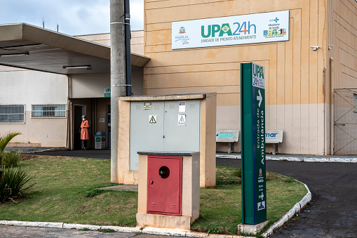 Marilia, Sao Paulo, Brazil, October 30, 2020. Facade and entrance to the 24-hour emergency care unit, UPA, in Portuguese, in the city of Marila