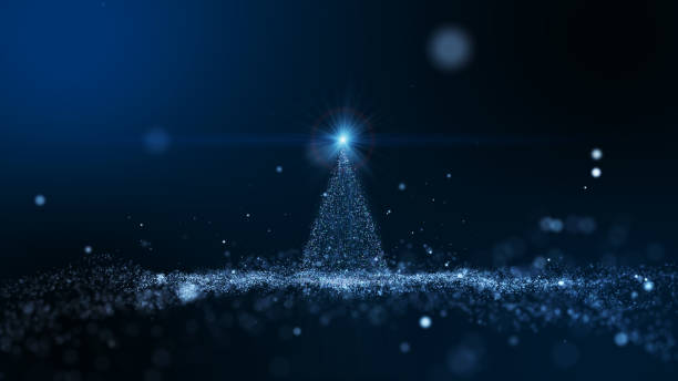 istock White dust particle Rotating to Christmas tree from glow shiny particles and light shine on dark blue background. 1294219935