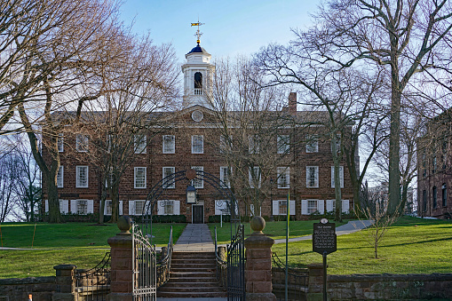 New Brunswick, NJ, USA - December 27, 2020:  Entrance to Old Queen's,  the oldest building on the Rutgers University campus.