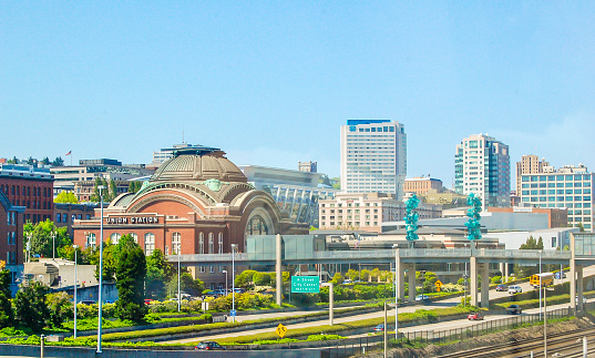 May 8, 2013, Tacoma, Washington.  The city of Tacoma, Washington is a welcoming site for locals and visitors alike.  This city has much to offer with its Union Station, architectural designs and access to waterways.  On this day of travel it stood out against a blue sky.