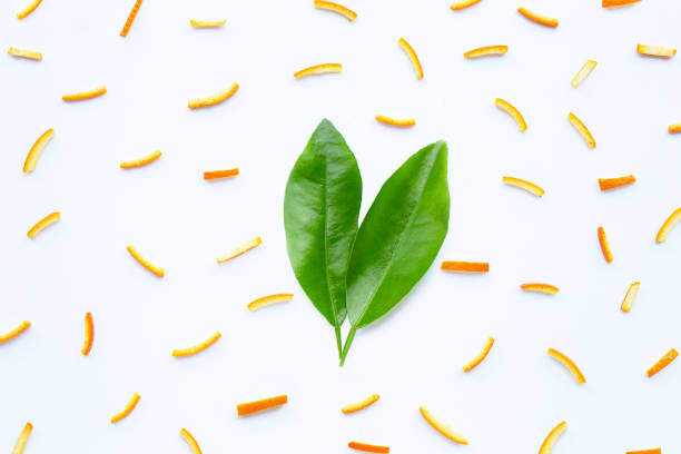 Orange peels leaves on white background. top view