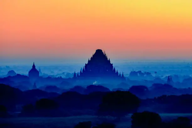 Beautiful scenery during sunrise at the pagoda of Bagan, Myanmar