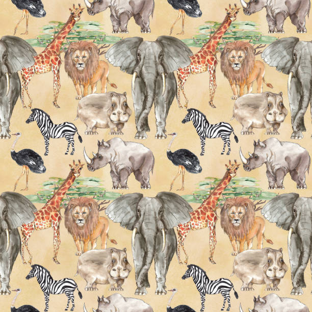 safari zwierzęta afrykańskie akwarela bez szwu wzór tła - gatunek zagrożony obrazy stock illustrations