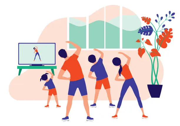 Vector illustration of Family Doing Online Exercise Together At Home. Healthy Lifestyle Indoor Fitness. Vector Illustration Flat Cartoon.