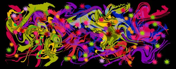Vector illustration of Graffity with abstract bright multycolor pattern layered eps10 vector illustration isolated on black background.