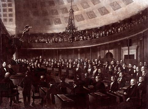 Vintage engraving features the United States Senate, the upper chamber of the United States Congress, which, along with the United States House of Representatives—the lower chamber—constitutes the legislature of the United States.