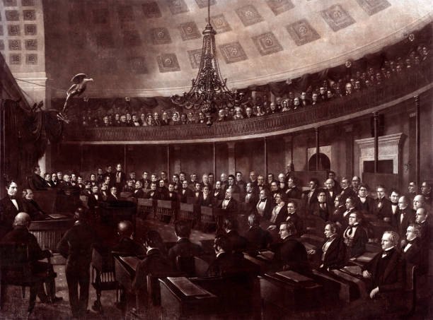 United States Senate Chamber Vintage engraving features the United States Senate, the upper chamber of the United States Congress, which, along with the United States House of Representatives—the lower chamber—constitutes the legislature of the United States. united states congress photos stock pictures, royalty-free photos & images
