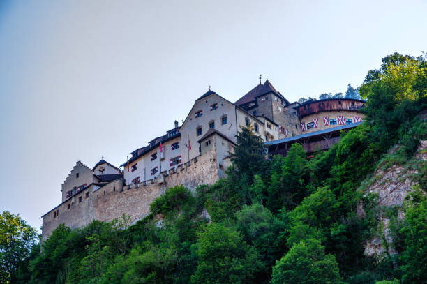 Vaduz, Liechtenstein - 03.06.2019: Vaduz castle, the palace and official residence of the Prince of Liechtenstein so you can watch it only from outside. It is thought that the castle was constructed as a fortress as early as the 12th century.