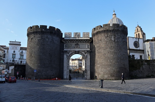 Naples, Campania, Italy - December 29, 2020: Ancient city gate built in 1484