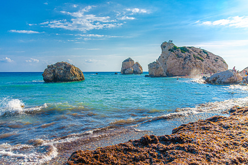 Porto Katsiki beach in Lefkada island, Greece. Beautiful view over the beach with  turquoise water and  tourists
