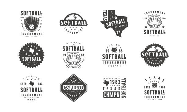 Badges set of softball tournament Badges set of softball tournament with a picture of tiger and silhouette of the state of Texas. Graphic design for t-shirt. Black print on white background softball stock illustrations